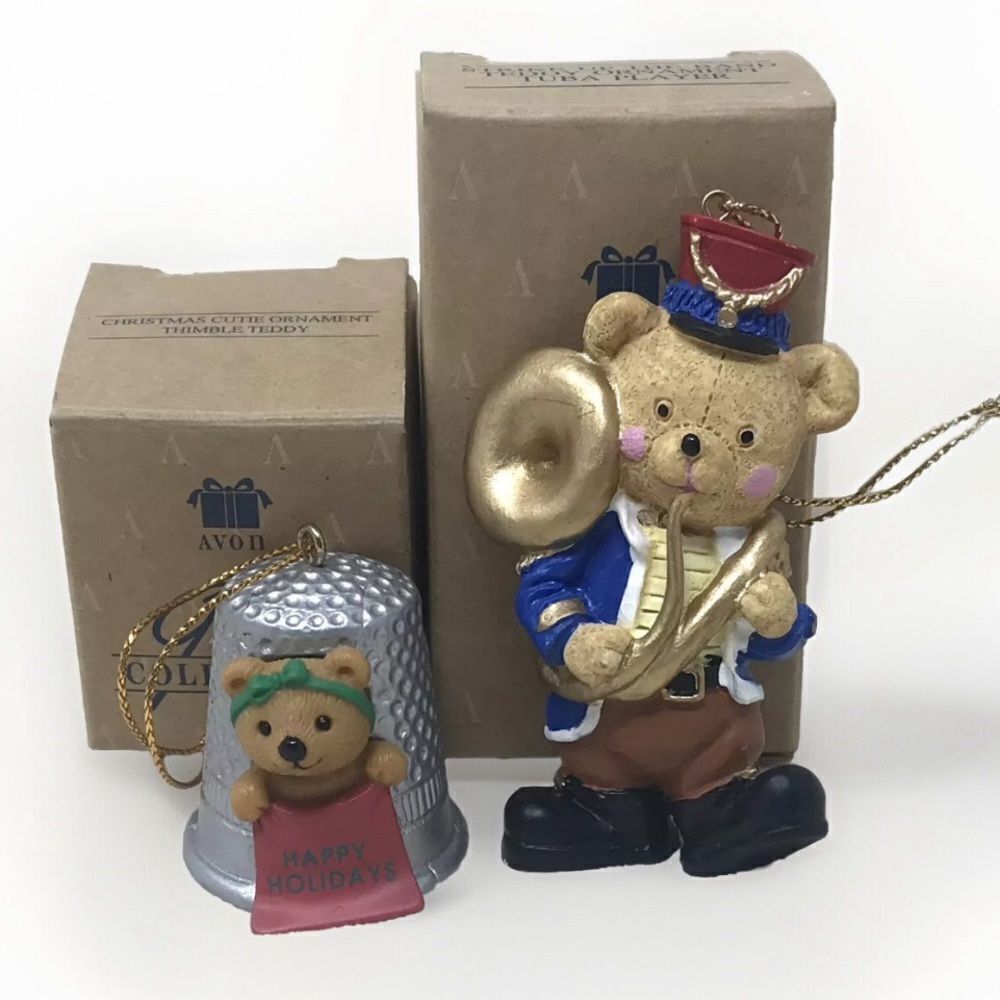 Avon Bear Christmas Ornaments Marching Band Tuba & Thimble Vintage 90s Holiday